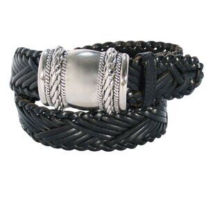 ANN TAYLOR Braided Black Leather Belt Silver Barrel Buckle Women's S - TURKEY